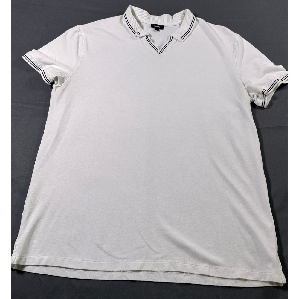 Express Mens White V-Neck Polo Shirt‎ Large Short Sleeve Striped Trim Cotton